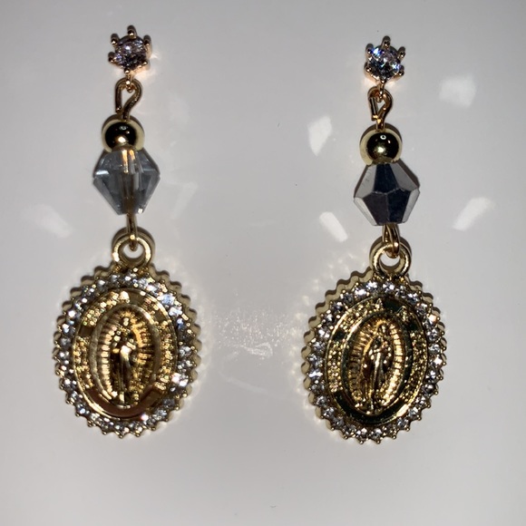 Cubic Zirconia Stud Post Earrings with Gold Plated Pendant and Rhinestones - Picture 6 of 14